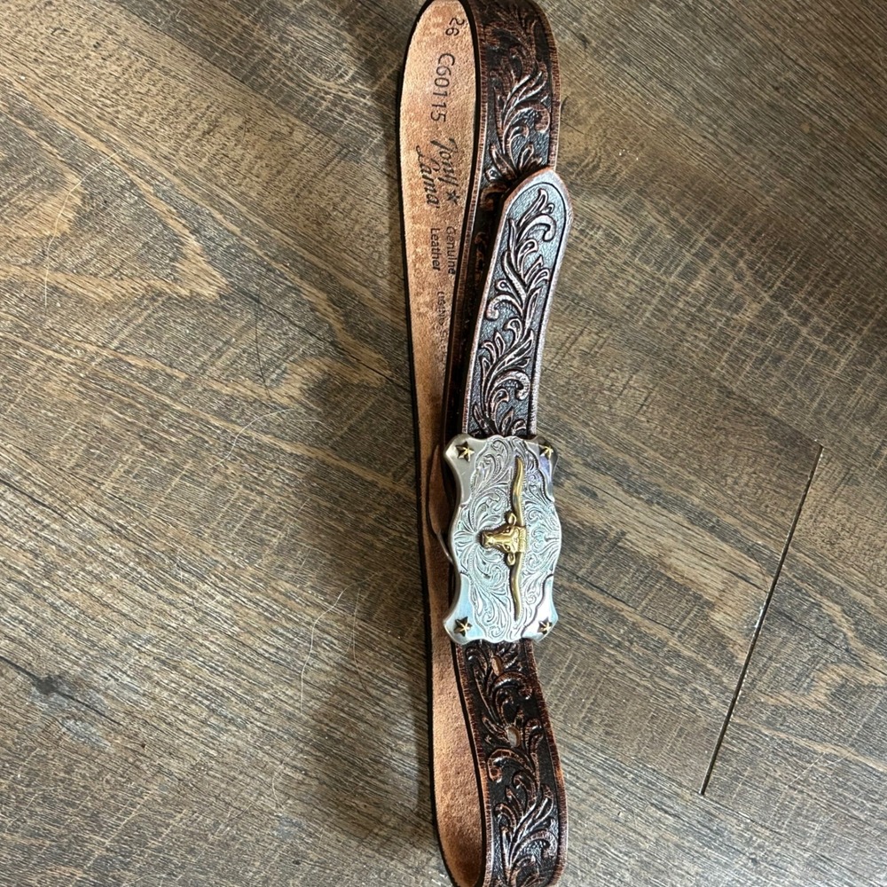 Tony Lama  Brown Floral Tooled Leather Western Belt Longhorn Buckle 26 C60115
